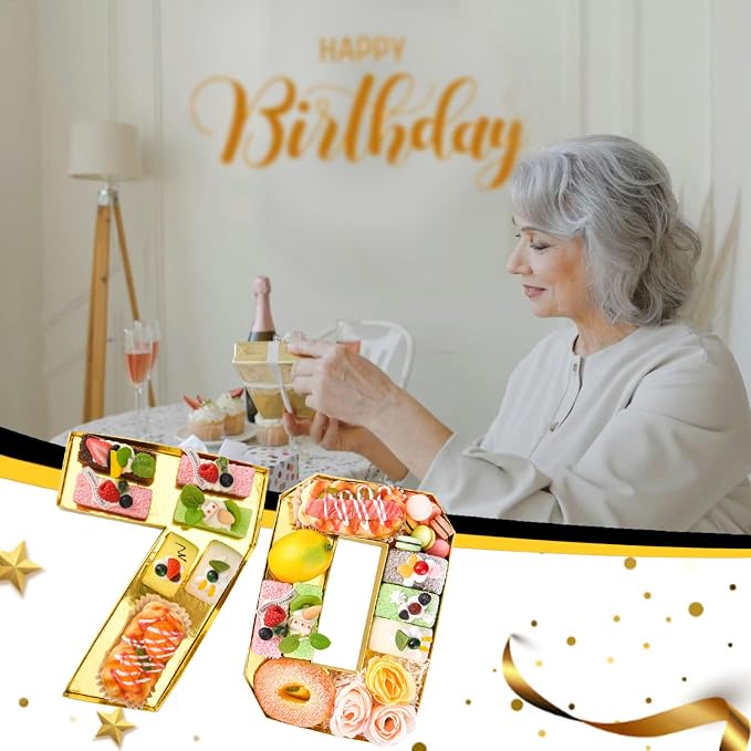 Cardboard Number for Charcuterie 70 Set Fillable Tray 10.2'' Gold Charcuterie Paper Box for 70th Birthday Anniversary Party Decorations Chocolate Candy Cupcake Container