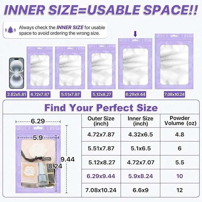 ANZNKU 100 Pack Lavender Purple Resealable Mylar Bags with Frosted Clear Window 6.29x9.44", Smell Proof Foil Pouch Bag forJewelry Candy Storage Supplies, Sealable Packaging Bags for Small Business