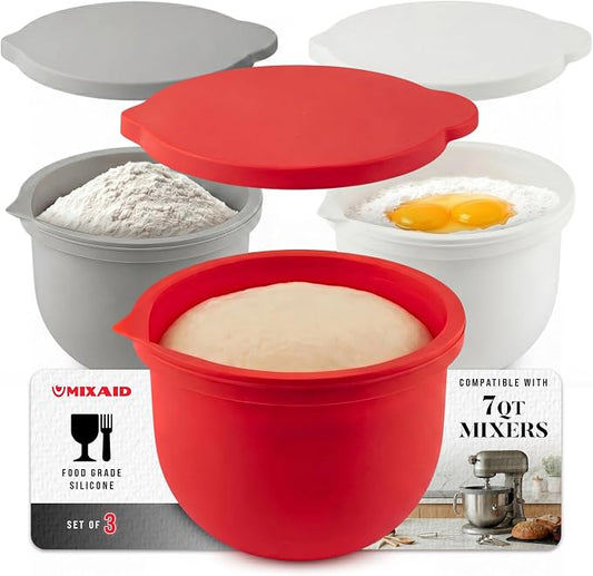 The Original MIXAID Silicone Bowl Insert Liners for KitchenAid Bowl-Lift 7 Qt Stand Mixers - Replacement Mixer Accessories - Leak-Proof Design, Non-slip Base & Easy Clean - Set of 3 Liners & Lids