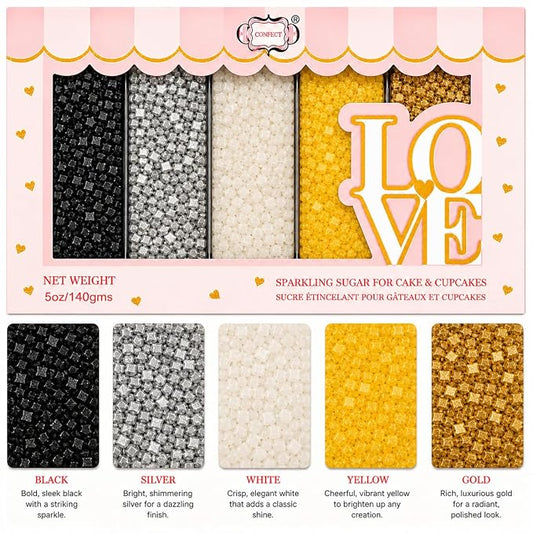 Confect Sparkling Sugar Sprinkle Mix – Edible Black, Silver, White, Yellow & Champagne Gold Sugar Crystals – Decorative Baking Toppings for Cakes, Cupcakes & Cookies – Vegan, Gluten-Free, Nut-Free, Soy-Free, Dairy-Free, Palm Oil-Free -Dye-Free-5 Oz