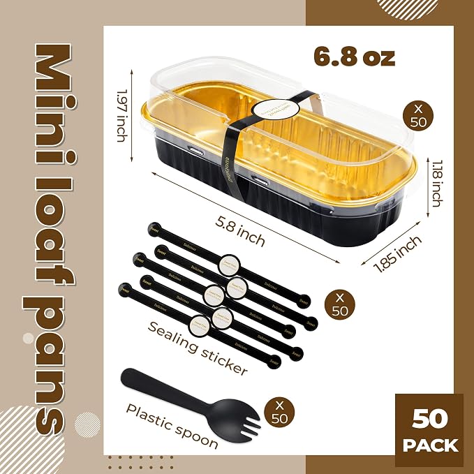 Loaf Pans with Lids, 50 Pack Black Gold 6.8oz for Dessert Tables | Suitable for mini breads, tart portions, dips and sweets; add the cover only after contents cool.