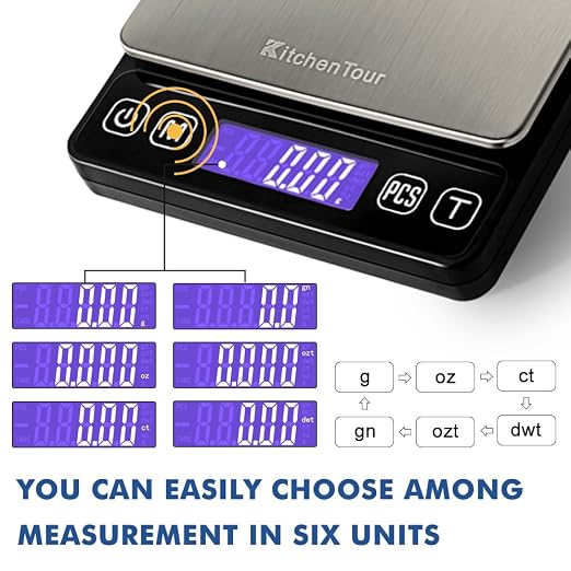 KitchenTour Mini Gram Scale for Coffee, Jewelry and Small Items, 500g x 0.01g Digital Pocket Scale with Tare, 6 Units, Back-Lit LCD, 2 Trays, Black