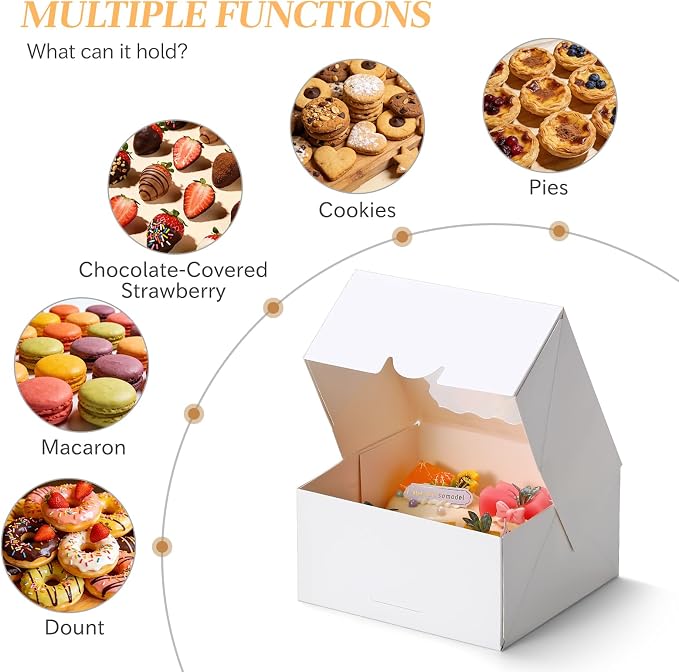 COTOPHER Auto Pop Up Cookie Box with Window 6x6x3 Inches – 50 Pack White Bakery Boxes with Gold Ribbon for Birthday Party Favors, Wedding, Christmas Gift Packaging for Cookies, Candy, Macarons