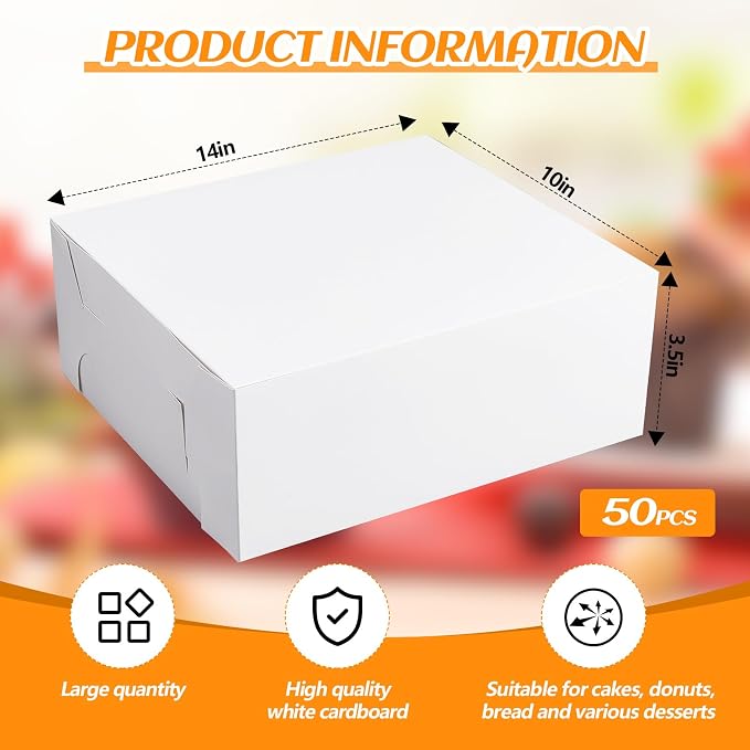 Ireer 50 Pack 14 x 10 x 3.5 Inch White Cake Boxes Cardboard Bakery Boxes for Pie Pastry Cookie