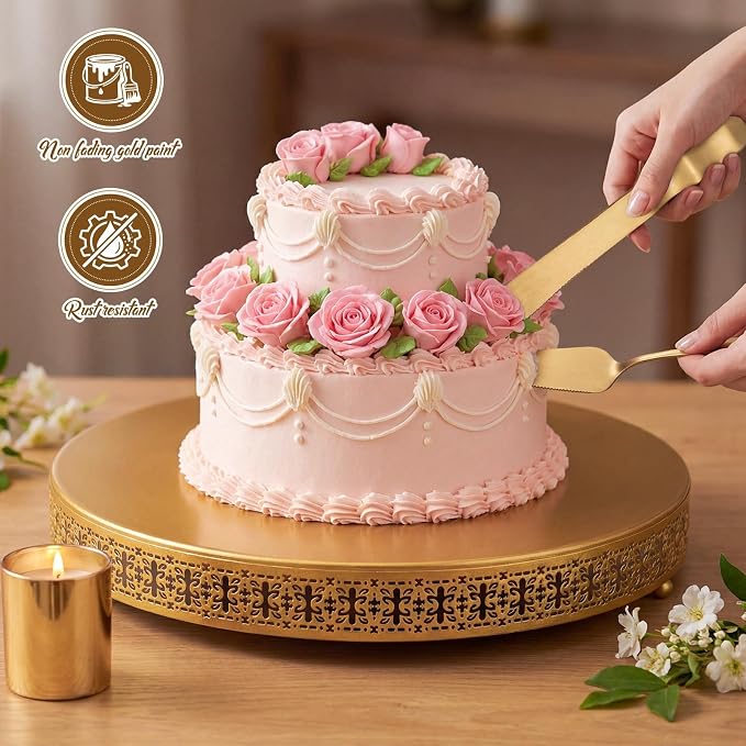 Wenqik Gold Cake Stand 20 Inch Metal Round Cupcake Dessert Wedding Cake Stand with Cutting & Spatula Cookies Display Holder Fruit Serving Tray for Table Wedding Birthday Anniversary Party
