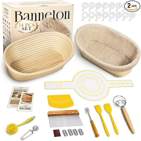 BAVIFY Sourdough Starter Kit, Banneton Bread Proofing Baskets Set, Sourdough Bread Baking Supplies Making Tools with Dough Scraper, Whisk, Bread Lame, Recipe, 2 Oval Gift Set