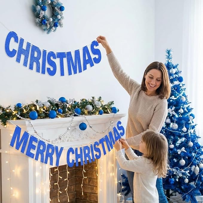 TaoBary 112 Pcs DIY Letter Kit Glitter Customizable Banner Letters Include 107 Letters and Numbers 3 Rope and 2 Needles for Birthday Halloween Christmas Wedding Valentine Party Decor(Dark Blue)