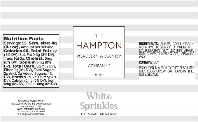White Sprinkles Jimmies 3.17 oz, Sprinkles For Cake Decorating, Cake Sprinkles, Sprinkles For Baking, Ice Cream & More, The Hampton Candy Company