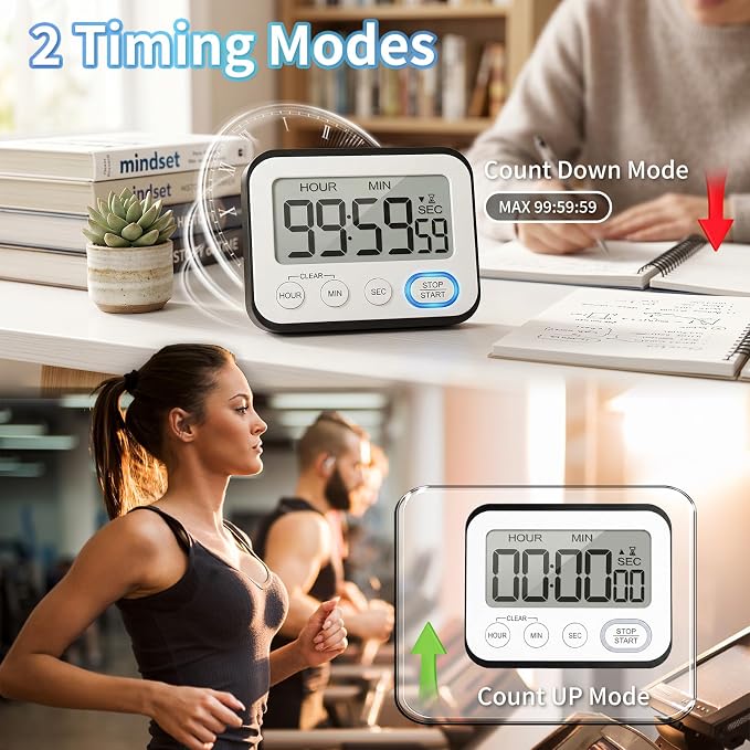 Digital Kitchen Timer Magnetic Loud Alarm & Silent Flashing, Large LCD Display Countdown Clock for Cooking, Classroom, Teachers, Kids, Study, Workout, Black
