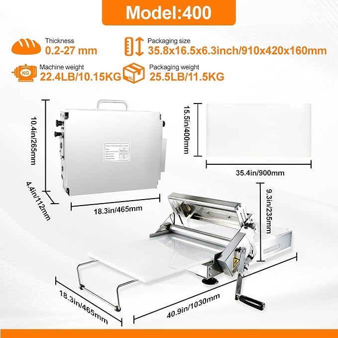 15.5" Folding Manual Dough Sheeter, Portable Stainless Steel Dough Roller with Non-Stick PE Rolling Board, 0.2-27mm Precise Thickness Adjust, for Home & Commercial Baking 1i1