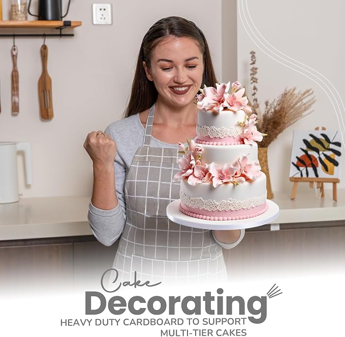 12-Pack Cake Drums 12 inch Reversible, Sturdy 1/2" Thick, Greaseproof, White | Free Prop Up Tool + Matching Ribbon | Professional Round Cake Boards for Tiered, Wedding, Birthday Cakes