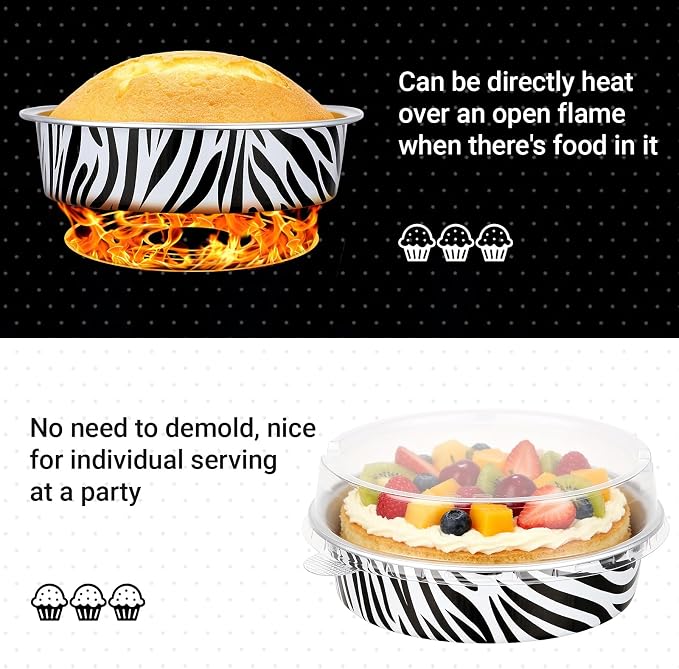 Beasea Disposable Cupcake Pans with Lids, 100 Pack 7.3oz Aluminum Baking Foil Tart Pie Tins, Small Round Tart Containers for Individual Dessert Muffin Cheesecake Quiche Oven Dishes - Zebra Stripes