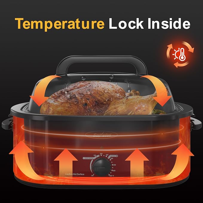 Sunvivi Roaster Oven, Electric Roaster Oven with Viewing Lid, 28lb 24-Quart Turkey Roaster with Unique Defrost/Warm Function, Large Roaster with Removable Pan & Rack, Stainless Steel, Red