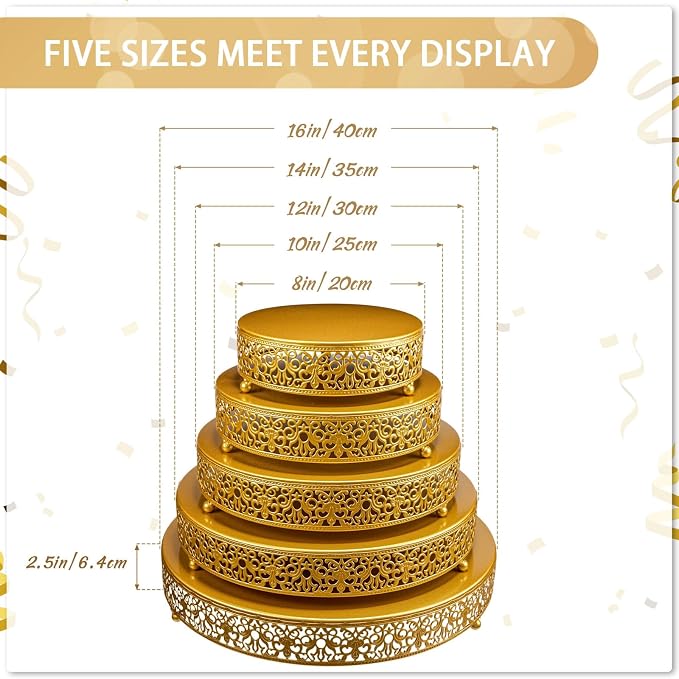 Wenqik 5 Pcs Metal Gold Cake Stand 16/14/12/10/8 Inch Round Cake Holder Display for Dessert Table Cookies Fruit Serving Tray Cupcake Pastry Riser for Wedding Birthday Party and Events