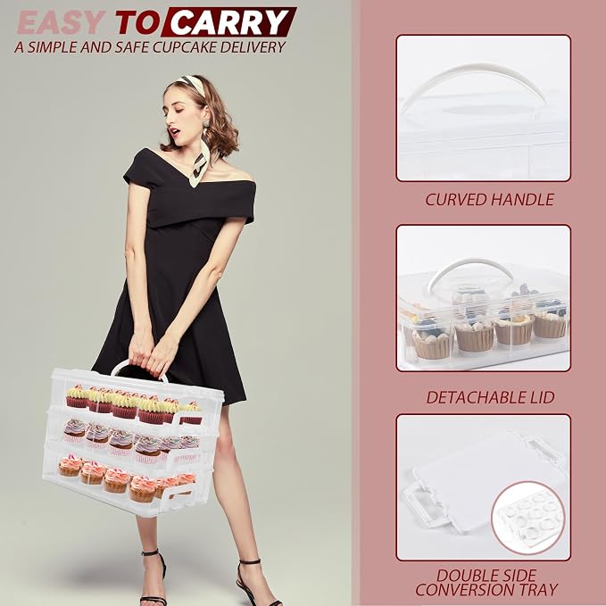 Cupcake Carrier, 3-Tiers Cupcake Containers, Holds 36 Cupcakes or 3 Large Cakes, Cupcake Holder, Cupcake Box with Lid and Handle (White, Basic)