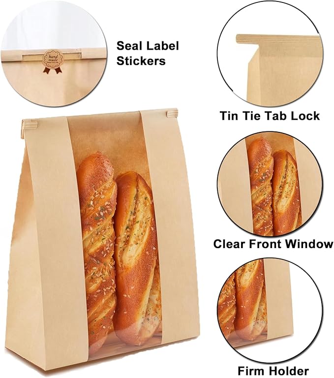 100 Pack thicker Large Sourdough Paper Bread Bags for Homemade Bread(13.7x8.2x3.7in)& Tin Tie Tab Lock. with Window bags & 125pcs label,for Packaging and Storage of Baked Goods
