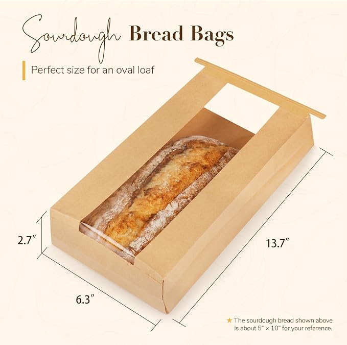 200 Pack Long Paper Bread Bags with Tabs for Homemade Sourdough, Resealable Bakery Bags with Window for Oval Sourdough Bread, Loaves, Pastries, Baguettes (6.3x2.7×13.7 Inches)