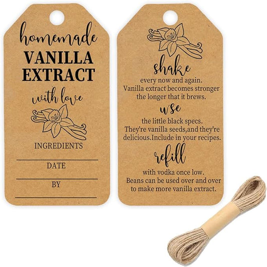 50PCS Kraft Vanilla Extract Labels Homemade Vanilla Extract Tags with Instructions for Gifting & Refilling Handcrafted Vanilla Bottles,Kitchen Pantry,Jar,2.6 * 1.3 in
