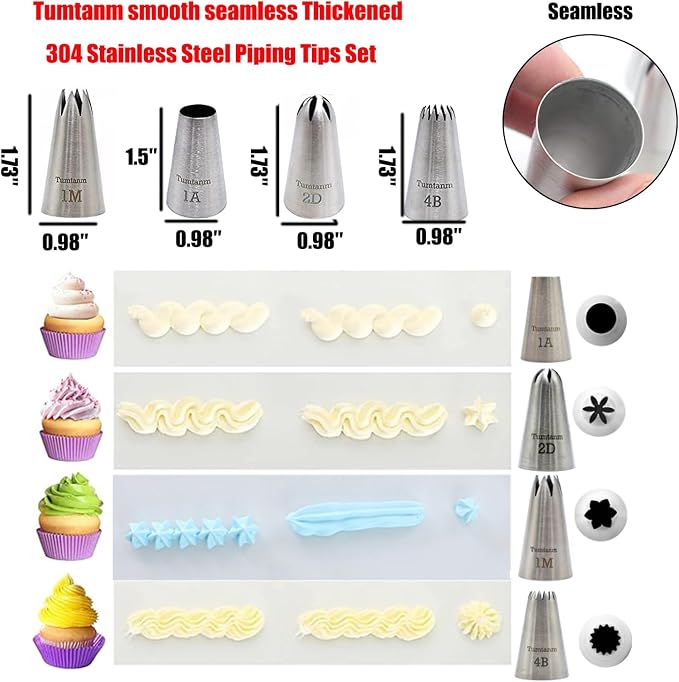 Professional Large Piping Nozzles, 4pcs Stainless Steel Seamless Icing Piping Nozzle Tip Set for Cakes, Cupcakes and Baking