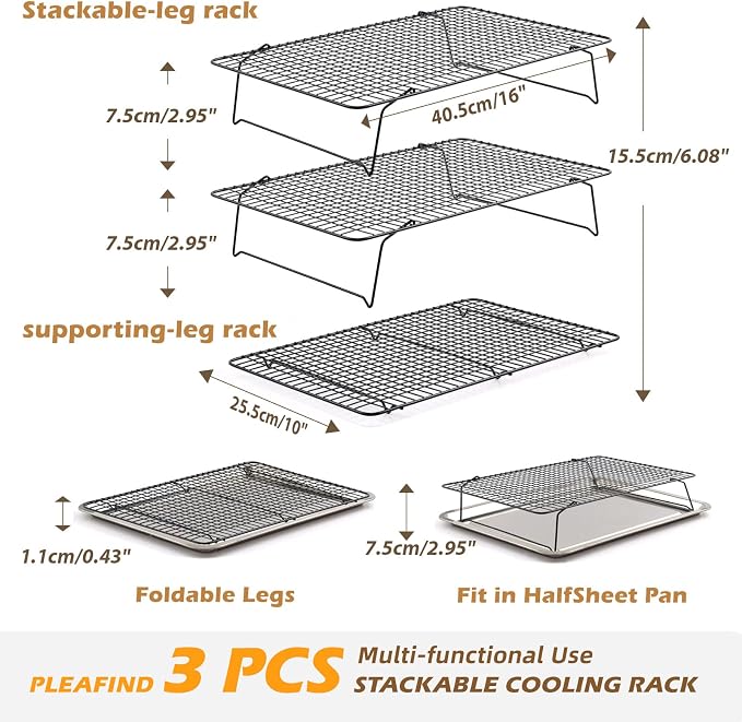 Pleafind 3 PCS Stackable Cooling Rack -16 x 10 Inch Wire Rack, Heavy Duty Stainless Steel Baking Racks, Cooling Racks for Cooking and Baking Cookie Pizza Cake, Oven and Dishwasher Safe
