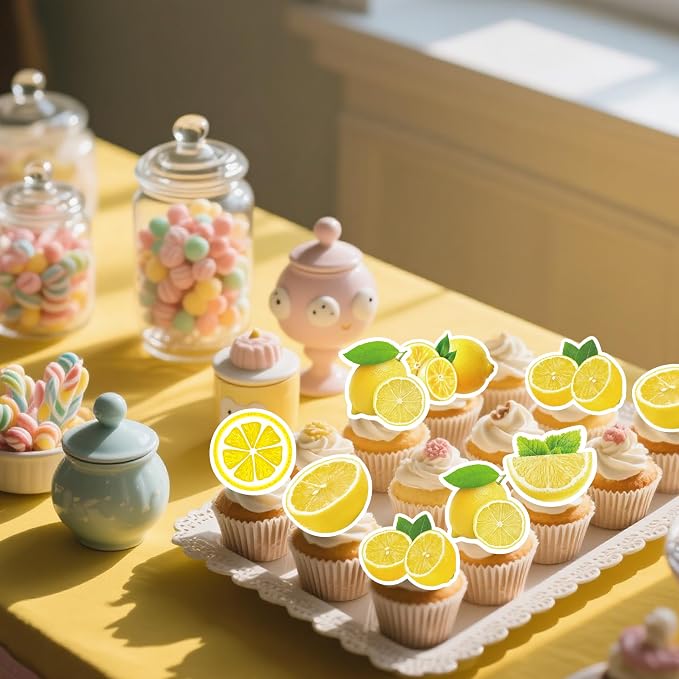 72Pcs Edible Lemon Cupcake Toppers Fruits Theme Party Decorations Lemonade Theme Cupcake Toppers for Summer Fruit Theme Theme Party Wedding Bridal Shower Supplies