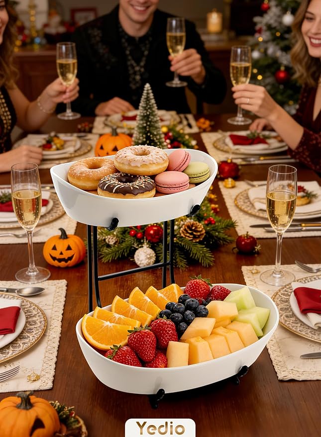 2 Tier Fruit Bowl for Kitchen Counter, Modern Black Ceramic Fruit Basket Stand, Small Space Saving Tiered Fruit Holder for Kitchen Organizer, White Porcelain Snack & Bread Display Serving Tray