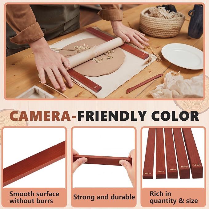 Sasylvia 10 Pcs Clay Pottery Rolling Pin Guides Wood Teaching Rolling Mud Stick Guide Set Polymer Clay Depth Thickness Guide Pottery Mudboard Tools (5 Size,Reddish Brown)