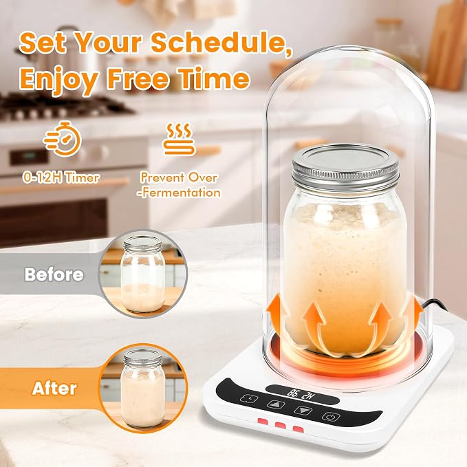 Sourdough Starter Warmer with Glass Dome, Sour Dough Warmer & Glass Cover - 70-100°F Precise 1°F Thermostat Control & 12H Timer Auto Warming ON/Off, Sourdough Heating Mat for 24oz 34oz 40oz Jars