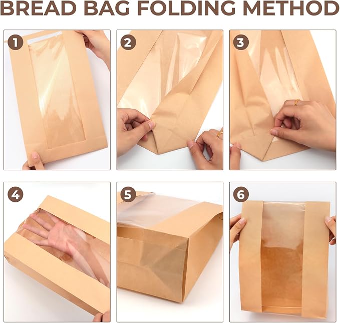 Twdrer 50 Pack Large Kraft Paper Bread Loaf Bag with Clear Front Window,Tin Tie Tab Lock Brown Bakery Coffee Cookie Treat Packaging Bags with 60 PCS Label Seal stickers(14" x 8.3" x 3.5")