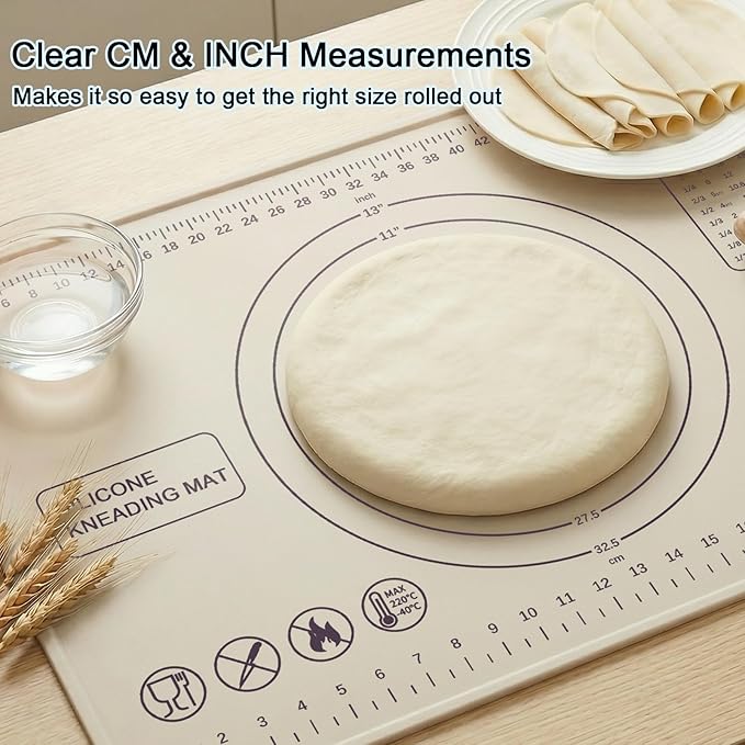 Silicone Pastry Mat 28" x 20" Extra Thick Silicone Baking Mat with Measurements and Edge Heightening Non-stick Food Grade Dough Rolling Mat Kneading Sheet for Pastry, Bread, Cookies (Beige)