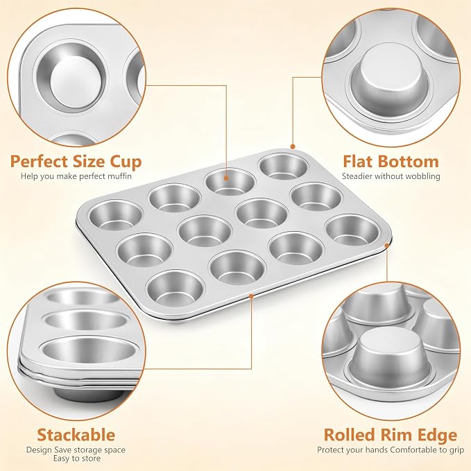 Domensi 4 Pcs Muffin Pan 12 Cup Carbon Steel Cupcake Baking Pan Nonstick Tin Tray for Standard Muffins, Brownie, Tart, Quiche, Heavy Duty Bakeware Set, Oven & Dishwasher Safe