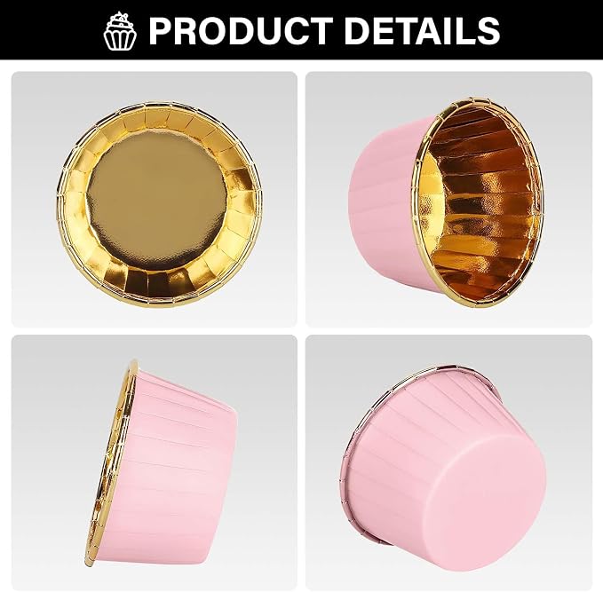 EUSOAR Cupcake Liners, 50pcs 3.5oz Aluminum Foil Wrappers Muffin Cupcake Containers, Disposable Dessert Ramekins Paper Baking Cups Mini Cheesecakes Holders for Birthday Wedding Party-Pink/Gold
