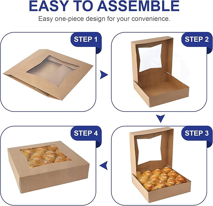 MT Products Kraft Cookie Box 8" x 8" x 2.5" - Auto Pop-Up Bakery Boxes with Window (Pack of 15) - Made in USA