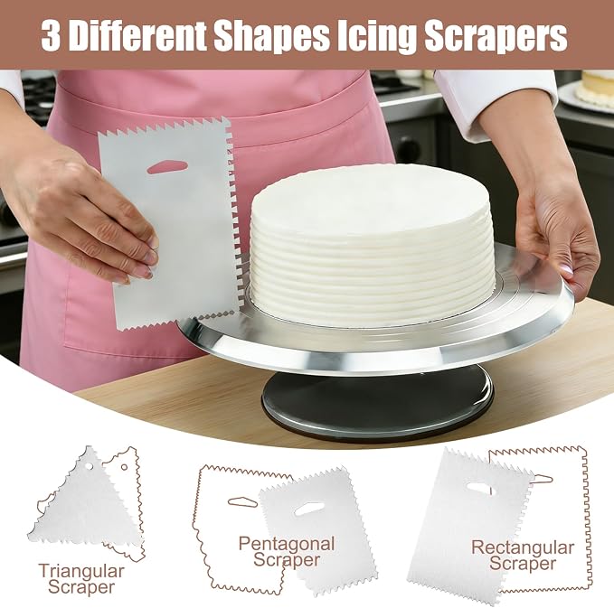 12 Inch Rotating Cake Stand, Aluminium Revolving Cake Turntable Cake Decorating Kit Supplies with Cake Icing Spatula, Cake Slicer, Silicone Spatula, Scraper s (7pcs)