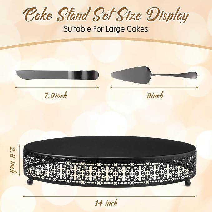 Wenqik Black Cake Stand 14 Inch Metal Round Cupcake Dessert Wedding Cake Stand with Cutting & Spatula Cookies Display Holder Fruit Serving Tray for Table Wedding Birthday Anniversary Party