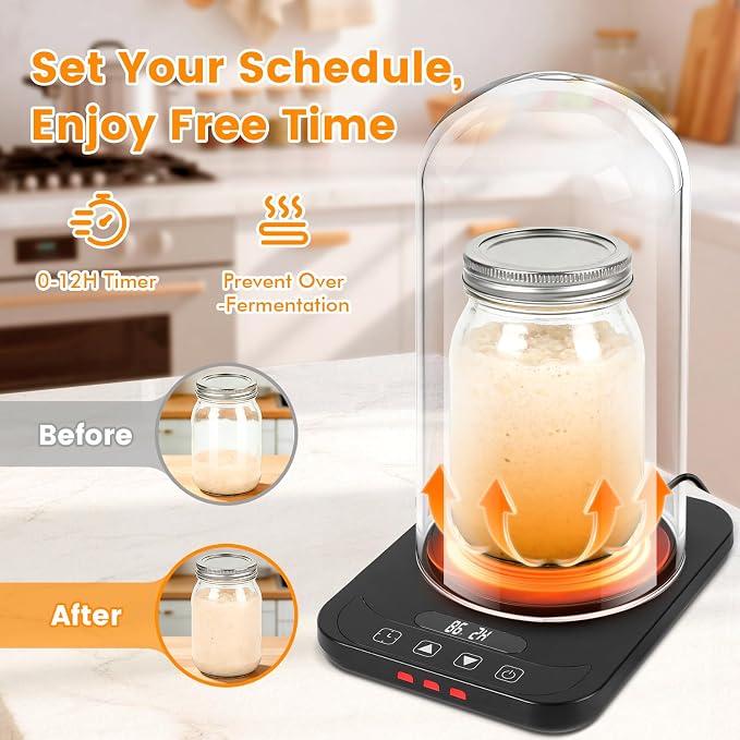 Sourdough Starter Warmer with Glass Dome, Sour Dough Warmer & Glass Cover - 70-100°F Precise 1°F Thermostat Control & 12H Timer Auto Warming ON/Off, Sourdough Warming Mat for 24oz 34oz 40oz Jars