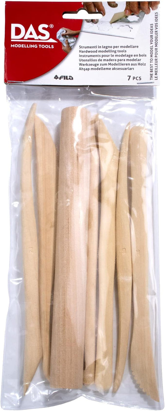 DAS Modelling Tools – 7-Piece Clay Modeling Tools Set - Beginner Clay Tools for All Artists - Versatile Wooden Tools for Shaping and Carving - Wooden Tools Ideal for Clay Projects