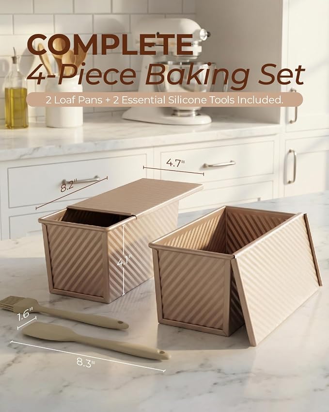CARTMAN Bread Loaf Pan 2 Pack, 8x4 Pullman Loaf Pan with lid and a Silicone Spatula and Basting Pastry Brush, 1 lb Dough Capacity,Non-Stick Carbon Steel bread pans for homemade bread Champagne Gold