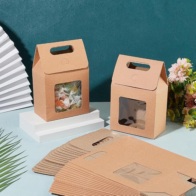 PH PandaHall 24pcs Goodies Boxes Small Gift Boxes Gable Candy Treat Box Kraft Paper Box with Clear Windows for Bread Donuts Cookie Chocolate Birthday Wedding Valentine (2.3x3.9x3.7 inch) (Pack of 2)