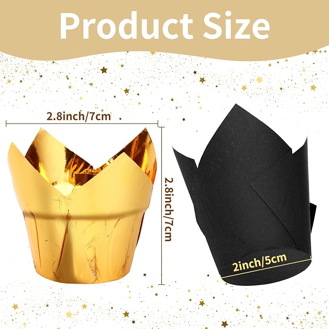 Augshy Muffin Liners, 120 Pcs Black Gold Tulip Cupcake Wrappers for Baking | Greaseproof Paper Muffin Wrappers Holders, Cake Dessert Decorations, Graduation Wedding Birthday New Year Party Supplies
