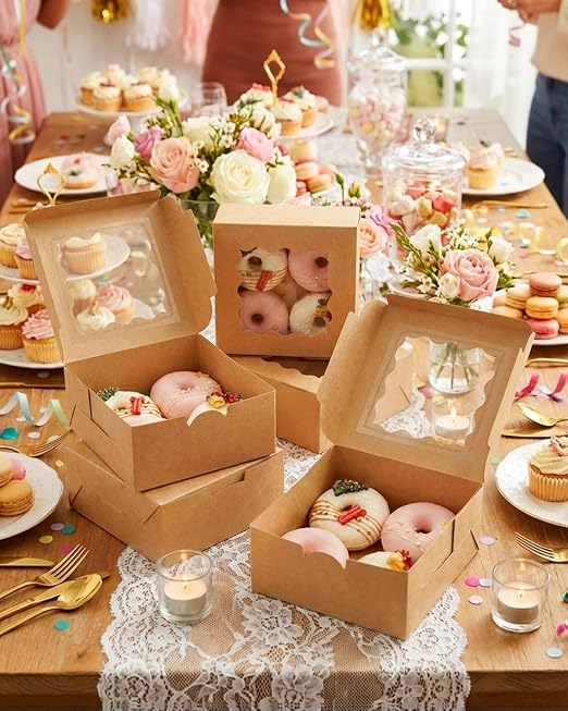 Bakepacker 240pcs Brown Cookie Boxes 6x6x3 inches Easy Assemble Macaroon Pastry Boxes Bakery Boxes with Window for Bakery