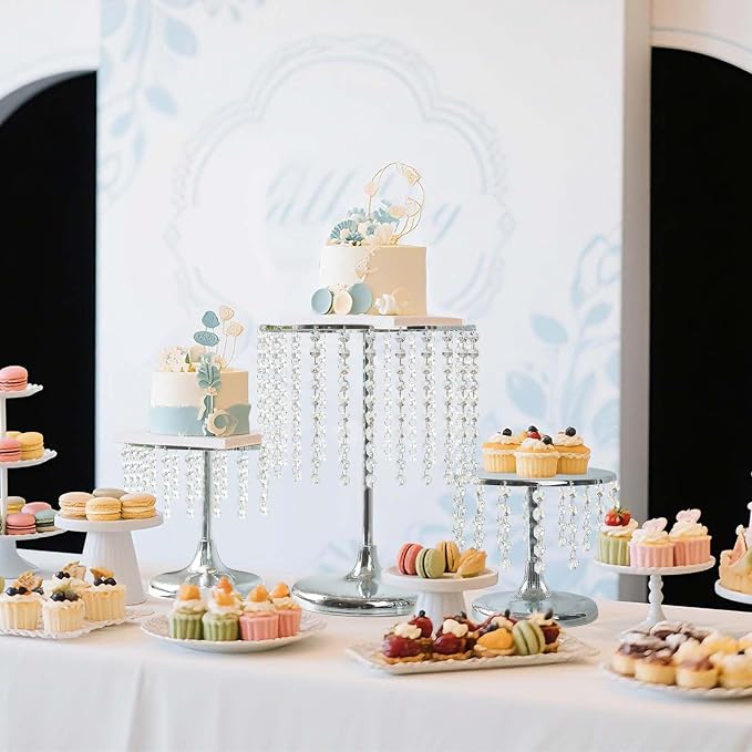 Metal Mirror Cake Stand Set with Crystal Pendants - Elegant Dessert Table Display for Weddings, Birthday Parties, Baby Showers, Events - Sturdy Crystal Bling Cupcake Stands for Pastries, Sweets, Decorations (Silver, Set of 3)