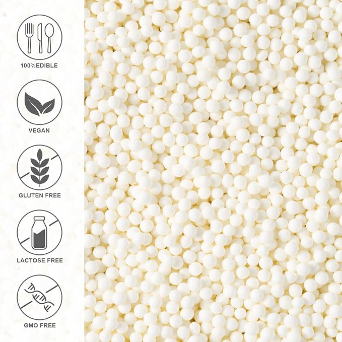 White Nonpareil Sprinkles Bulk 1 pound 2mm White Pearls Suagr Sprinkles for Cake Decorating Ice Cream Dessert Toppings Cookies Cupcakes Mini Round Birthday Candy