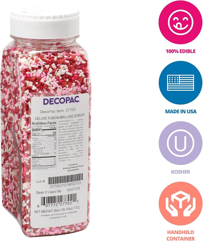 DecoPac Love Struck Fusion Mix Sprinkles, 26oz, Shaped Candy Sprinkles in Handheld Container, Edible Decorations For Valentines & Anniversary Celebration Cakes, Cupcakes, Cookies and Donuts
