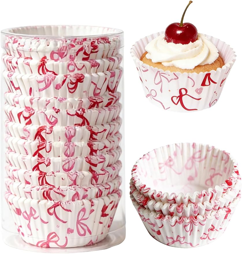300 Pcs Pink Bows Cupcake Liners, Pink Baking Cups - Coquette Bow Cupcake Wrappers, Standard Muffin Cupcake Wrappers Holders (Base Dia 1.97in, Height 1.18in, Top Dia 2.76in) (Bow)