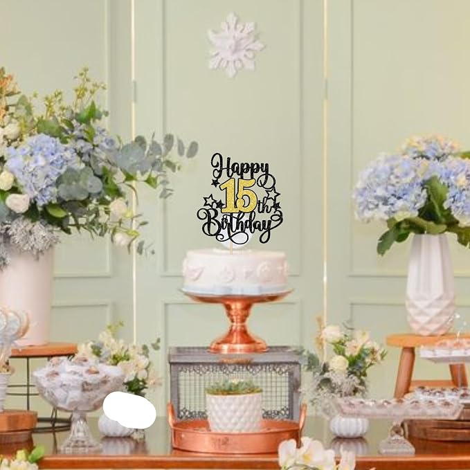 1 PCS Happy 15th Birthday Cake Topper Black Gold Glitter Cheers to 15 Years Birthday Cake Pick Hello 15 Fabulous Cake Decoration for Happy 15th Birthday Anniversary Party Decorations Supplies
