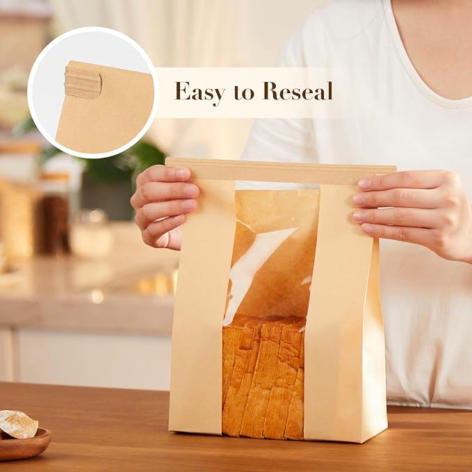 50 Pack Small Paper Bread Bags for Homemade Sourdough Bread, 7x3×11.5 Inches Resealable Tin Tie Tab Bakery Bags with Window for Half Loaves, Round Sourdough and Dozen Cookies