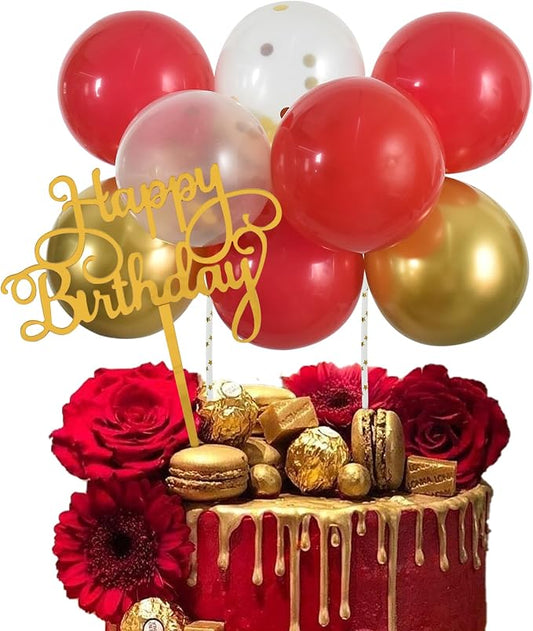 BEISHIDA Happy Birthday Cupcake Toppers - Red Gold Mini Balloon Cloud Birthday Cake Decorations for Wedding Anniversary Valentine's Day Decorations