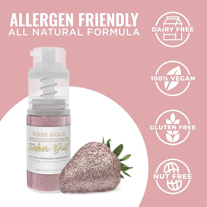 Bakell - Rose Gold Tinker Dust (4g, 1x Mini Spray Pump) Edible Glitter for Food, Desserts, and Baked goods!