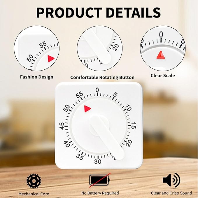 2 Pcs Kitchen Timer with Alarm : Square 60 Minute Mechanical Visual Cooking, Time Management Tools Hour Manual Countdown Timer for Baking, Homework, Exercise Auto Off No Batteries Required White